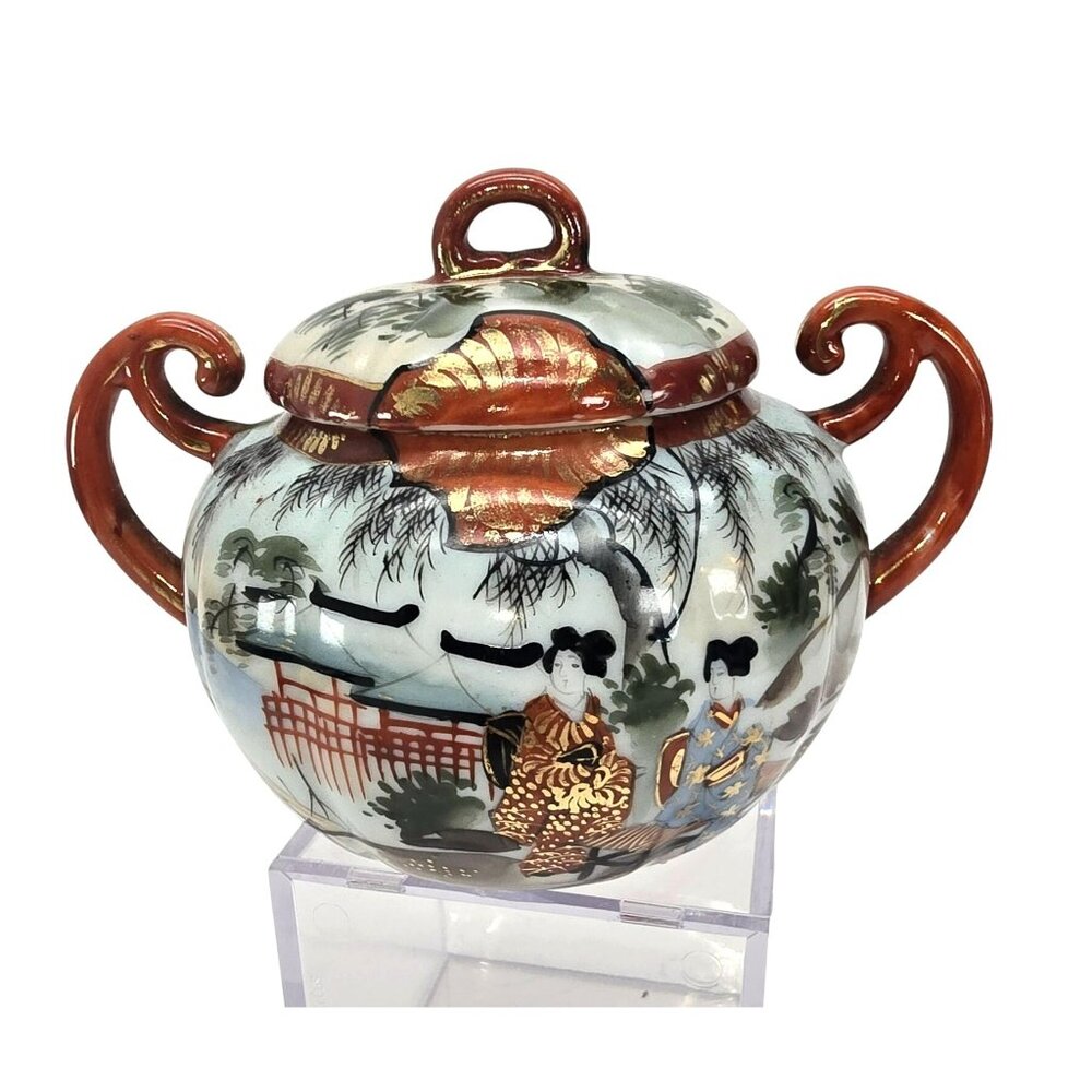 Vintage Japanese Sugar Bowl Hand-Painted Porcelain Lidded With Handles JE322